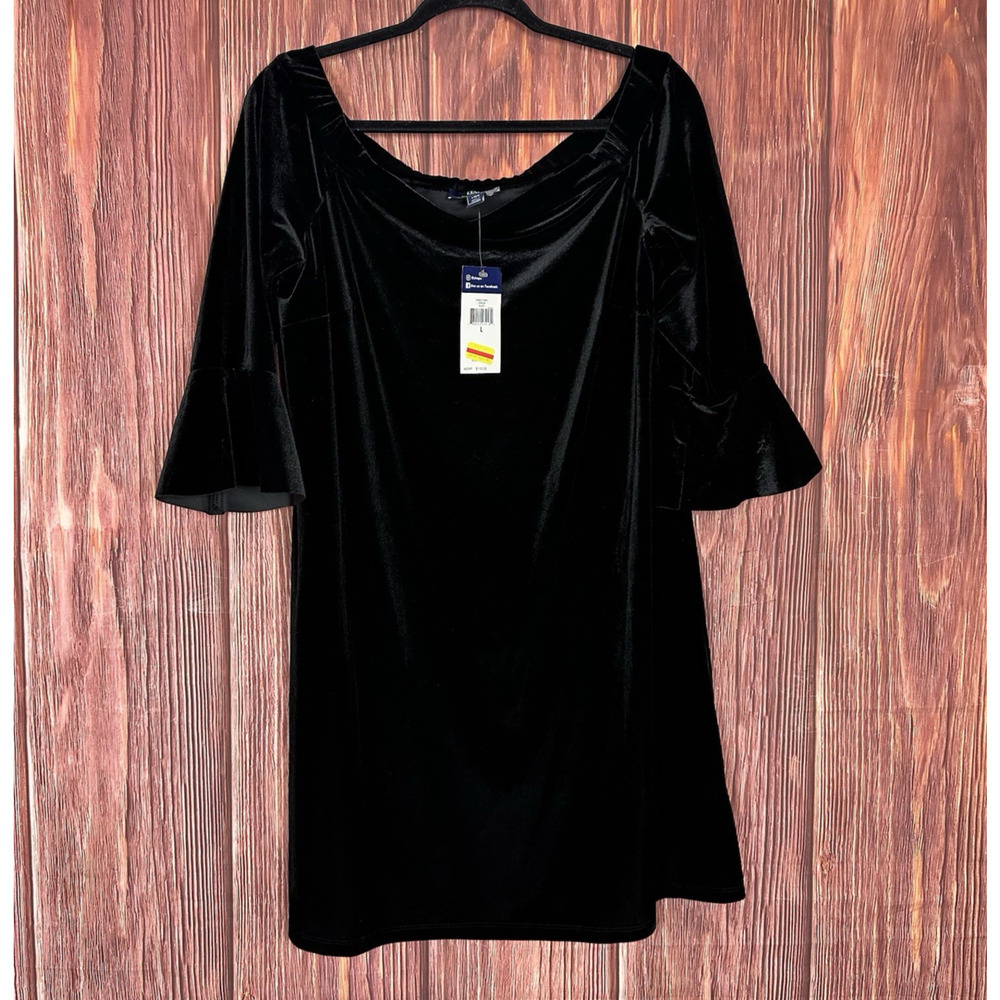 Chaps Off The Shoulder Short Dress Black Velvet Womens Size Large L NWT